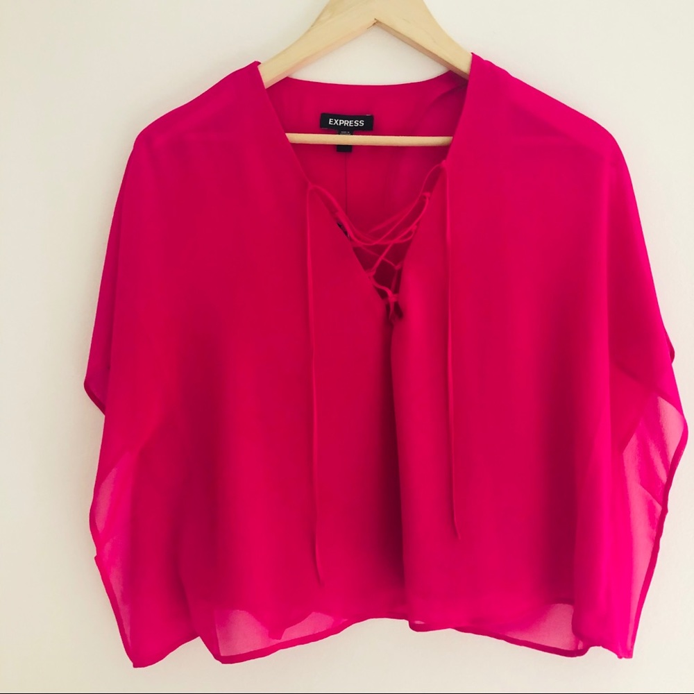 Express Neon Pink Dolman Lace Up Crop Top